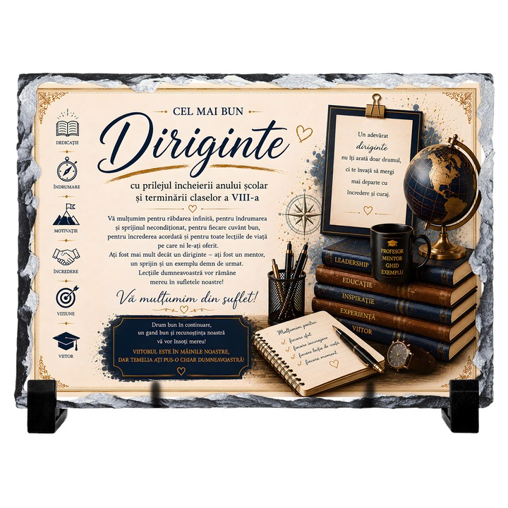 Placa de ardezie naturala personalizata "Cel mai bun Diriginte", cadou de absolvire clasa a VIII-a, cu suport inclus, 20x15 cm