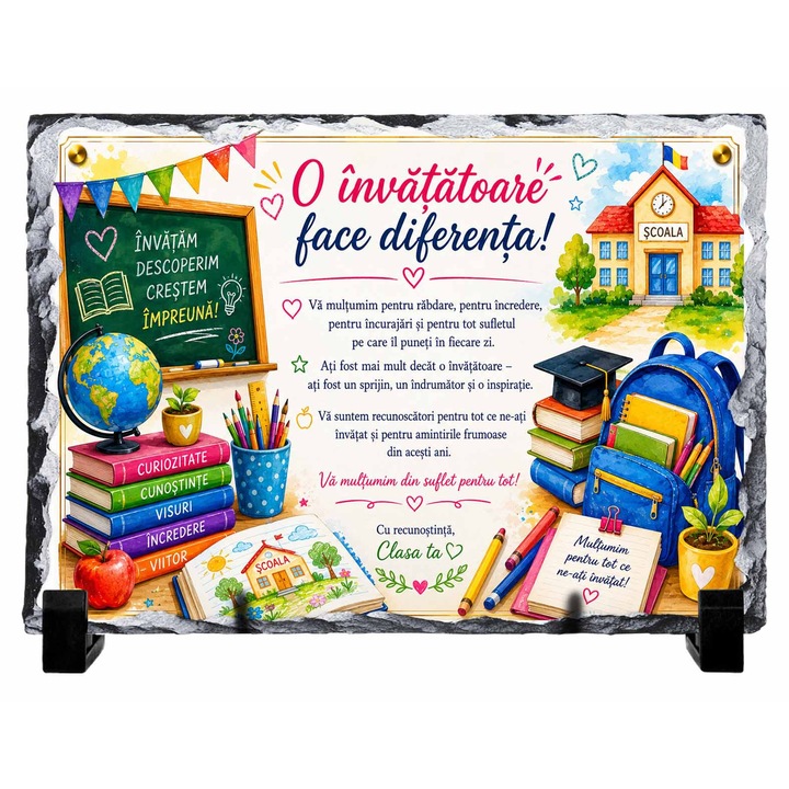 Placa Ardezie Personalizata pentru Invatatoare – Cadou de Multumire pentru Sfarsitul Anului Scolar, cu Suport Inclus, 15x20 cm