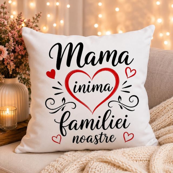 Perna Decorativa Personalizata pentru Mama - Mama inima familiei noastre - Cadou Special pentru Mama, 40x40 cm, poliester, alba