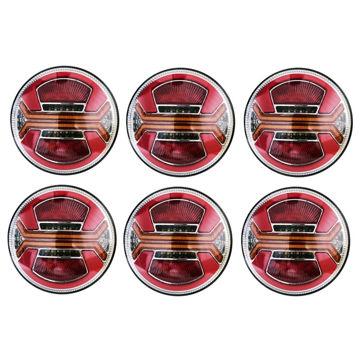 Set 6 bucati. Stopuri LED rotunde cu 5 functii pentru remorca / camion – Pozitie Neon, Stop, Semnalizare, Marsarier si Ceata, 12V-24V