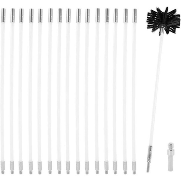 Kit curatare cos de fum 6 m, pentru sobe pe peleti, perie nylon diametru 100 mm, 15 tije flexibile 41 cm cu filet M8, negru/alb, set 17 buc