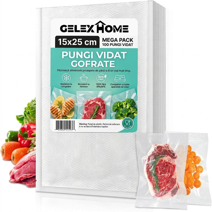 Set 100 Pungi de Vidat Gofrate, GELEXHOME®, 15x25cm, Compatibile cu orice Aparat Vidat, Reutilizabile, Depozitare si Sigilat Alimente, Sous Vide, Lavabile in Masina de Spalat Vase, Etansare, Fara BPA, Folie Profesionala, Rezistente la Intepaturi si Rupere