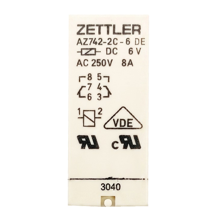 ZETTLER AZ742-2C-6DE elektromágneses relé, DPDT, 6V DC, 8A, 2 váltóérintkező, PCB, VDE, UL