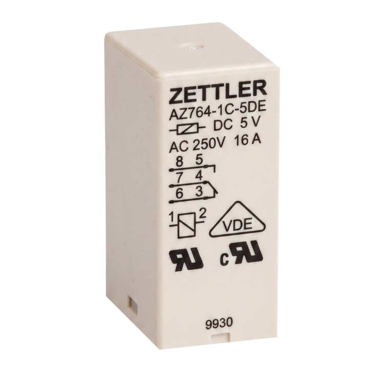 ZETTLER AZ764-1C-5DE elektromágneses relé, SPDT, 5V DC, 16A, 1 váltóérintkező, PCB, VDE, UL