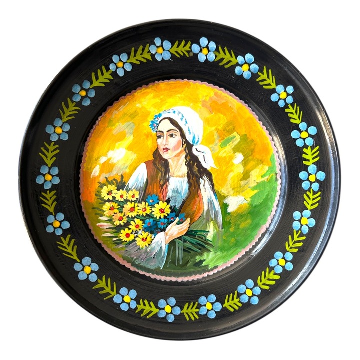 Farfurie decorativa 24 cm pictata manual – taranca cu buchet de flori, ceramica traditionala Marginea