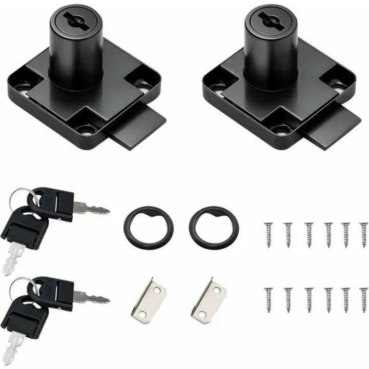 Set de 2 incuietori negre pentru sertare de birou cu 4 chei universale, suruburi cu baza patrata, incuietoare de securitate fixa pentru mobila, usi de dulap, cutii