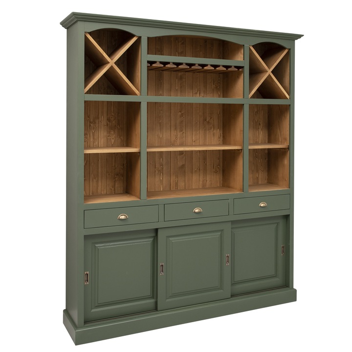 Mobilier de bar cu suport pentru pahare si sticle, 180 cm, culoare exterior Olive Green P115, culoare interior Walnut Waxed P001, cublu color, 100% lemn masiv, 180x210x41 cm