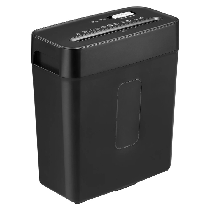 Distrugator Documente Profesional A4 Cross-Cut, 6 Coli, Nivel Securitate P-4, pentru Birou, Office, Distruge Hartie, Carduri, Capse si Agrafe, Cos 12L, Reverse Manual, Protectie la Supraincalzire - Negru