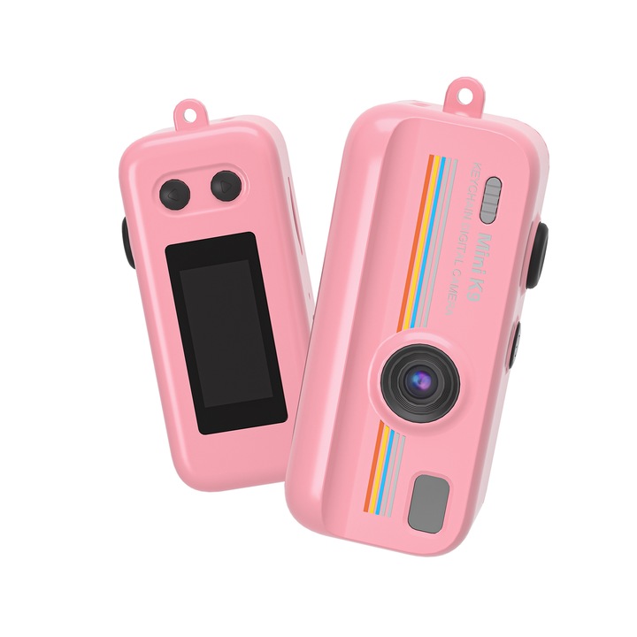 Zseb videokamera, Bytelike, 0,96 hüvelykes IPS kijelző, 100 MP, 200 mAh akkumulátor, különböző szűrők, kulcstartó kialakítás, ABS, rózsaszín