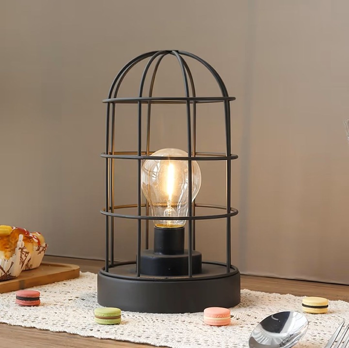 Lampa de Masa Decorativa JHY DESIGN, Tip Cusca Metalica, Fara Fir, Bec LED cu Baterii, Inaltime 25 cm, Negru