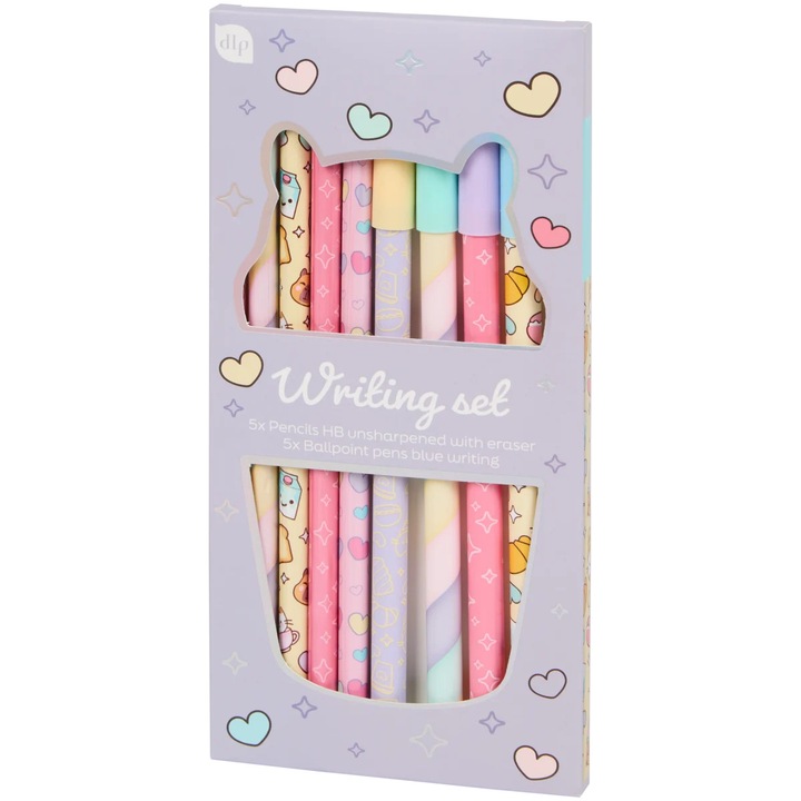 Set Premium Creioane HB si Pixuri pentru Copii, Scoala, Desen si Colorat, Inimioare
