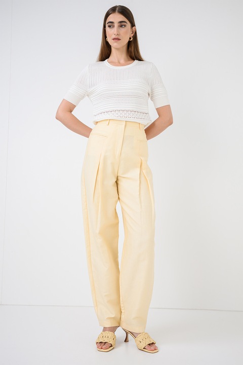 Patrizia Pepe, Pantaloni din in si bumbac cu talie inalta, Galben deschis