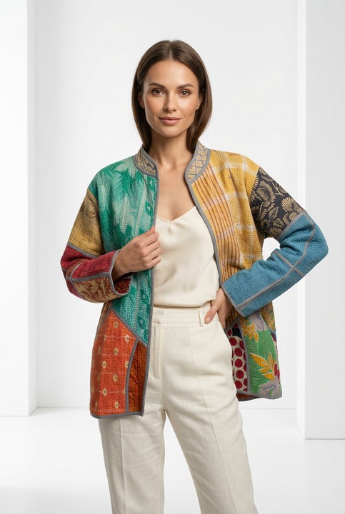 Jacheta patchwork kantha, bumbac cusut manual, multicolor, marime One Size