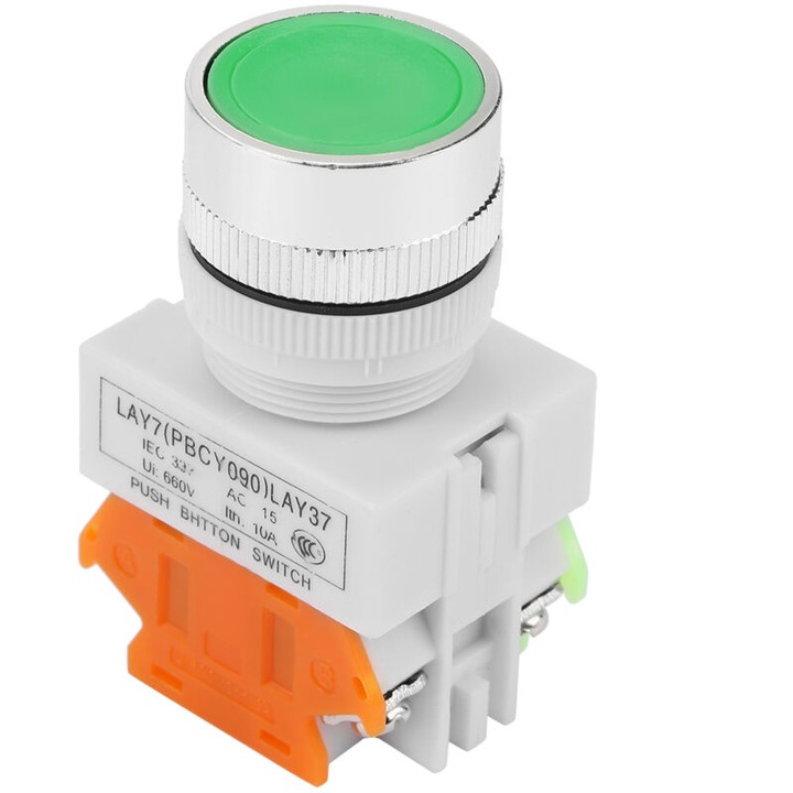 Pillanatnyi nyomógombos kapcsoló 220V 5A zöld 22mm