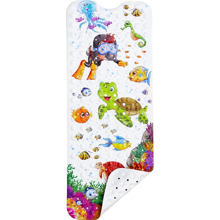 Csúszásgátló kád szőnyeg, Zaxer, 100x40 cm, PVC, tapadókorongokkal és lefolyónyílásokkal, gyerekeknek és felnőtteknek, csúszásmentes, biztonságos, könnyen tisztítható, tengeri minták