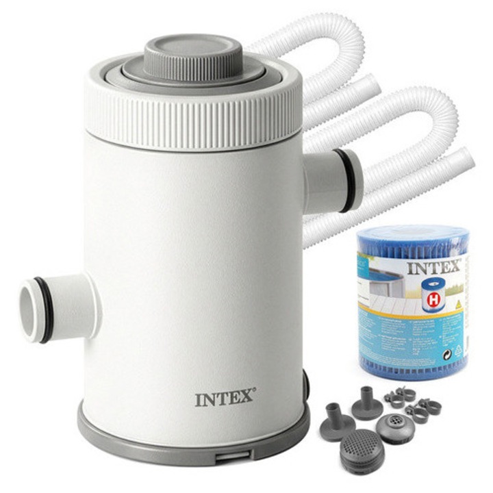 Pompa filtrare piscina, Intex, 1250 L/h, filtru tip H 29007 inclus, pentru piscine 183-305 cm, Hydro Aeration, furtunuri si conectori