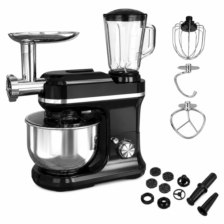Planetáris mixer 3 az 1-ben, Zola, 5 L-es rozsdamentes acél tál, 3000 W, turmixgép és húsdaráló, fekete