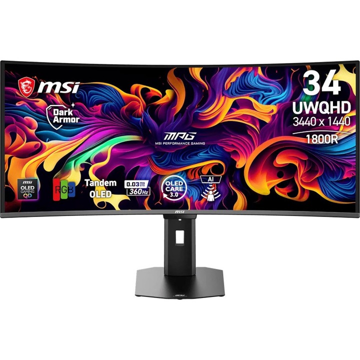 Monitor LED MSI Gaming MPG 341CQR X36 Curbat 34 inch UWQHD QD-OLED 0.03 ms 360 Hz USB-C HDR FreeSync Premium Pro