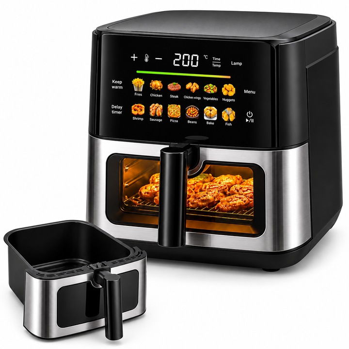 Zola Air Fryer forrólevegős fritőz, 8L, 1700W, 12 program, érintőképernyős vezérlés, LCD kijelző, betekintő ablak, belső világítás