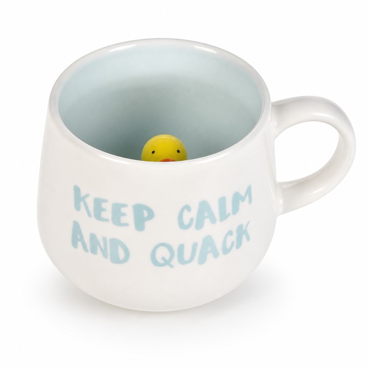 Cana Decorativa Ceramica Alba Cu Ratusca 3D In Interior 370ml Mesaj Keep Calm And Quack Forma Ovala Shopiens®