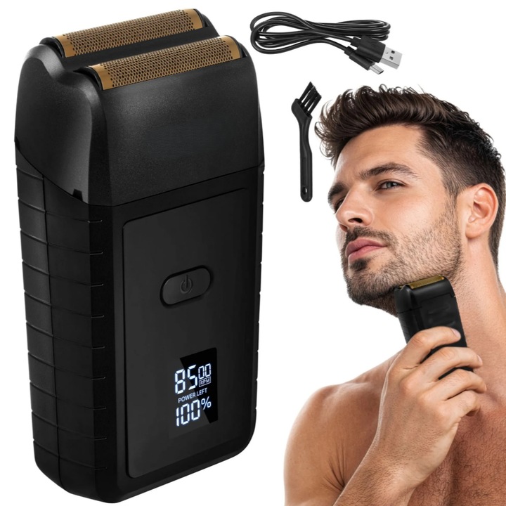 Aparat de ras barba, Zola, 2 lame, afisaj LED, incarcare USB-C, rezistent IPX4, compact, negru