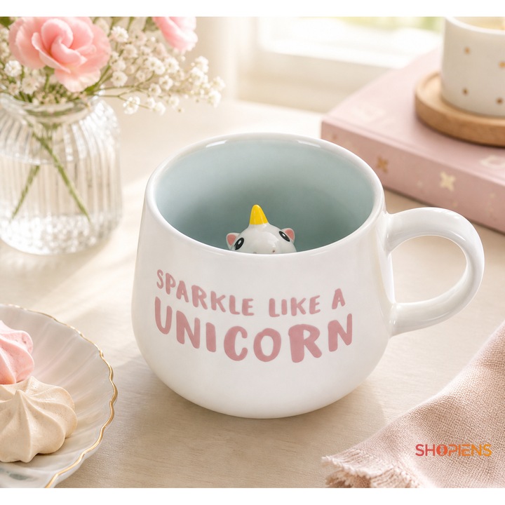 Cana Ceramica Alba Cu Unicorn 3D In Interior 370ml Model Sparkle Like A Unicorn Ovala Pentru Cafea Si Ceai Shopiens®