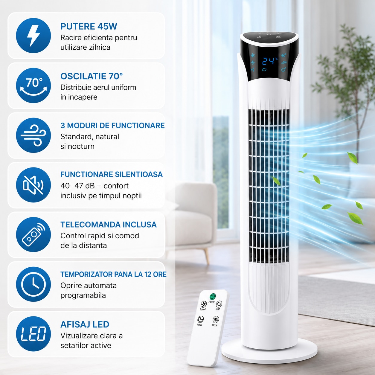 Ventilator turn cu telecomanda, Zola, 45W, oscilatie 70°, 3 moduri