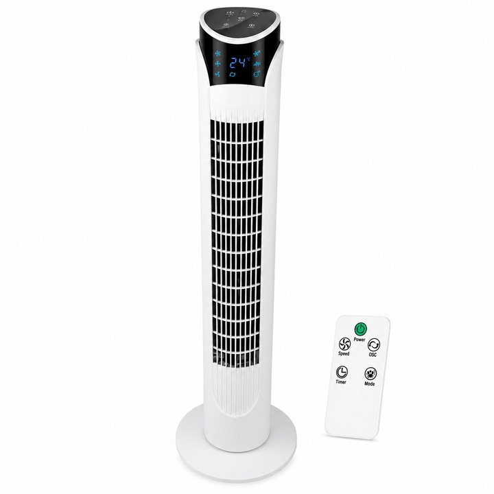 Toronyventilátor távirányítóval, Zola, 45W, 70°-os oszcilláció, 3 üzemmód, 12 órás időzítő, LED kijelző, 83 cm, fehér