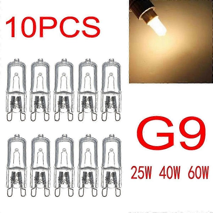 10 db G9 halogén izzó készlet, 25W 40W 60W, meleg fehér, 45mm