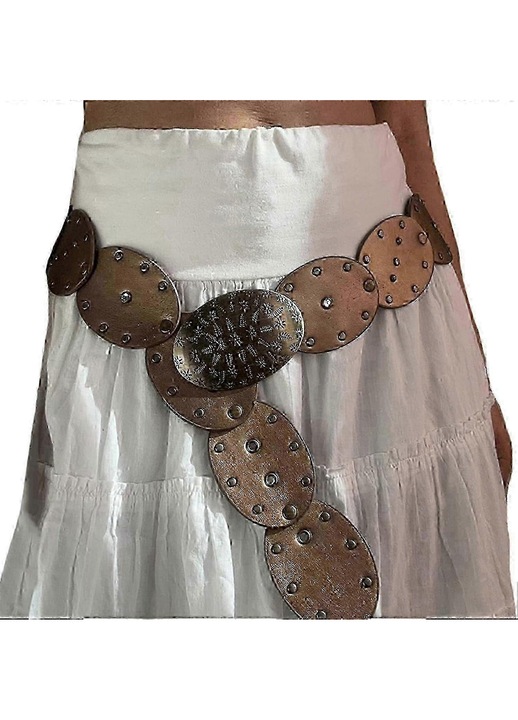 Curea din piele lata cu disc pentru femei, curea vintage Western Oval Concho, accesorii Y2k Grunge, maro-L