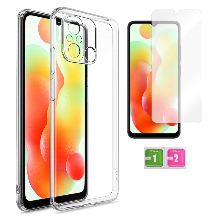Husa silicon MARTECH Redmi 12C transparenta 2mm cu sticla 9H 0.33mm