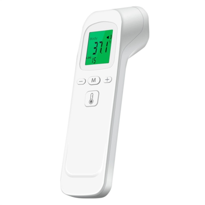 OB-k0509--260824-2110 érintésmentes digitális infravörös homlokhőmérő, test/felület mérés, °C/°F átváltás, lázriasztás, háttérvilágítású kijelző, fehér, 2x AAA tápellátás