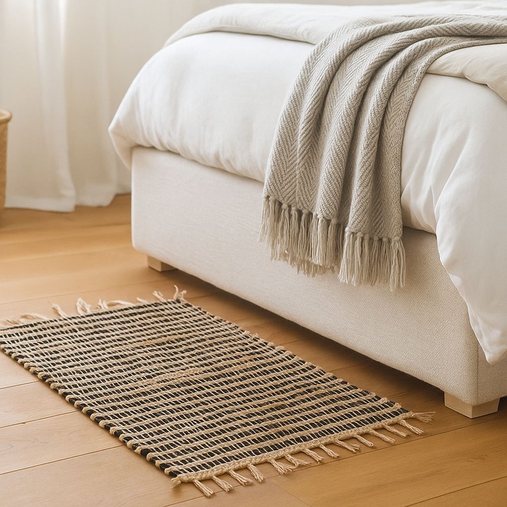 Covoras Din Iuta, GIFTDECOR, Din Fibre Naturale Durabile Si Respirabile, Structura Impletita Cu Textura Rustica In Dungi Si Ciucuri Decorativi, Stil Elegant Boho Perfect Pentru Salon, Dormitor Sau Terasa, Dimensiuni 60x90cm, Bej Cald