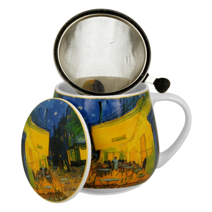 Cana Infuzor, Duo, Terrace At Night, Tip Butoias Cu Capac Si Filtru Metalic, Portelan New Bone China Lucios, Reproducere Vincent Van Gogh, Cutie Cadou Eleganta, Ideala Pentru Ceai Si Cafea, Stil Artistic Rafinat, 430 ml, Multicolor