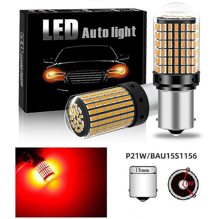 LED autó izzó, 2 darabos készlet, piros, 1156 BA15S P21W, 12V, 21W