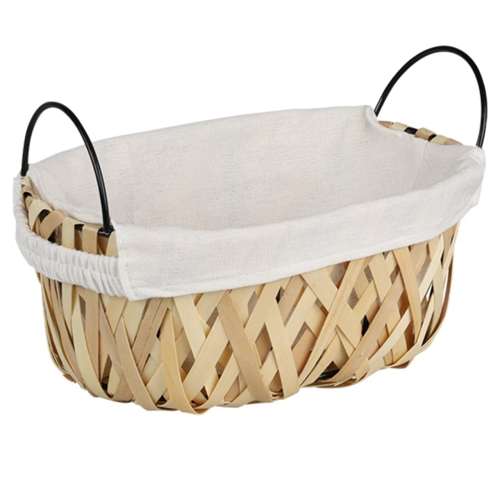 Cos Paine, Kesper, Oval Impletit Din Rachita Cu Husa Textila, Pentru Servire Si Depozitare Fructe, Material Lavabil La 30 Grade, Ideal Pentru Masa Bucatarie Sufragerie, Organizator Gustari Cu Aspect Natural, Maro/Alb, 25x17x15 cm