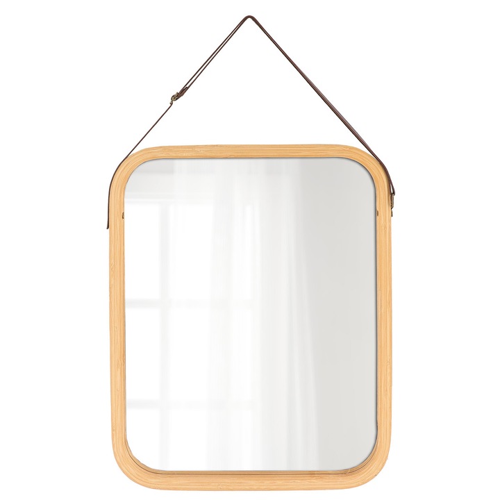 TENDANCE, Jae téglalap alakú tükör, bambusz keret, természetes Boho Japandi és skandináv design, ideális előszobába, fürdőszobába, hálószobába és nappaliba, lekerekített sarkok, akasztópánttal, könnyen felszerelhető, 40 x 60 cm, bézs