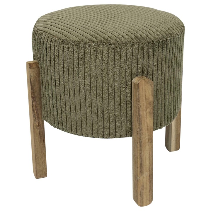 Taburet Tapitat Modern, HowHomely, Model Olive Cu Stofa Riatata Moale, Picioare Stabile Din Lemn Natur, Sezut Confortabil Sau Suport Pentru Picioare Stil Boho Loft, Structura Compacta Pentru Salon Sau Dormitor, Verde Oliv