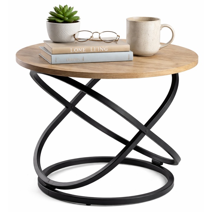 Маса за кафе Selvia Loft, HowHomely, Кръгла маса с плот от MDF с вид на дъб Artisan и черна метална рамка с пресичаща се геометрична основа, Стабилна и издръжлива структура за всекидневна, Индустриален, Модерен или Скандинавски стил, 60 см, Кафяв/Черен