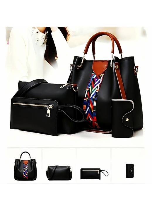 LUXWTB Set 4 Genti Dama, Tote si Crossbody, Design Bicolor, Capacitate Mare, negru, 25x25x13cm, potrivit zi de zi si Calatorii, Cadou Perfect