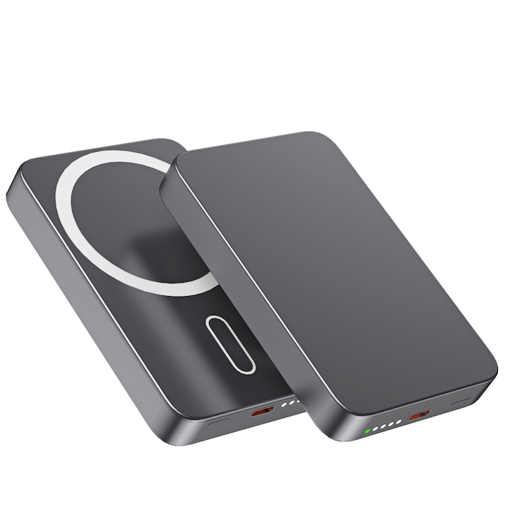 Baterie Externa Wireless Slim compatibila MagSafe iCharge Kulstern™ 10.000 mAh, Compatibila iPhone 12-17 Pro si Android, Power Bank cu Incarcare Rapida 15W, Portabila, Cablu Type-C 20W, Gri