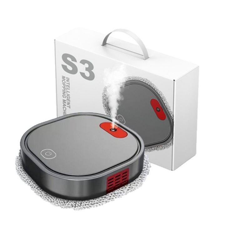Robot inteligent de spalat podele, pentru curatare umeda si uscata, cu functie de pulverizare umidificatoare, sistem inteligent de evitare a obstacolelor, 200 ml, 260 x 260 x 75 mm, gri