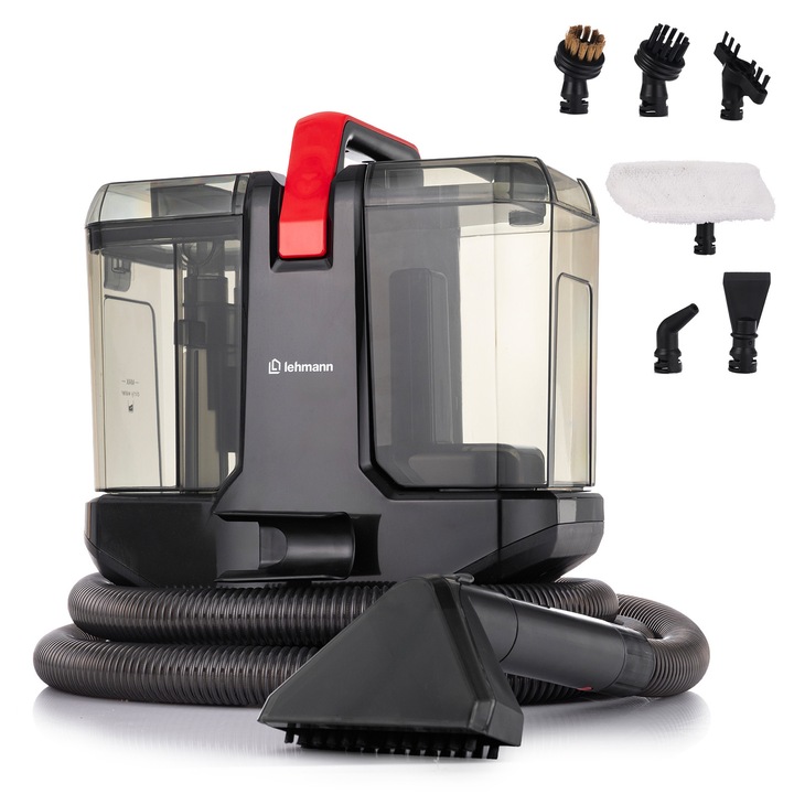 Lehmann Steamwash 1200W gőztisztító és mosó funkcióval, 60°C-os melegvizes tisztítás, 16 kPa, 1,9L tiszta víztartály, 2,3L szennyezett víztartály, 116°C gőzhőmérséklet, Teljes tartozékkészlet kárpithoz, ablakokhoz és fugákhoz, Fekete/Piros