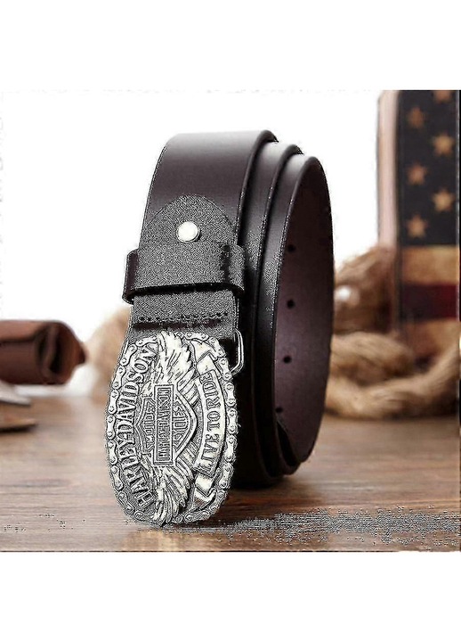 Curea din piele de vaca pentru barbati, accesoriu stil motocicleta Hip Hop, catarama Harley de culoare cafea