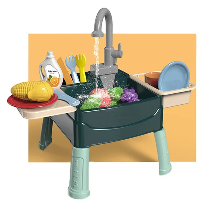 Jucarie educativa Chiuveta de spalat vase automata pentru copii, Zimilo, set de bucatarie cu chiuveta electrica, simulare de spalat legume si vase, joc de rol pentru micii bucatari, Verde