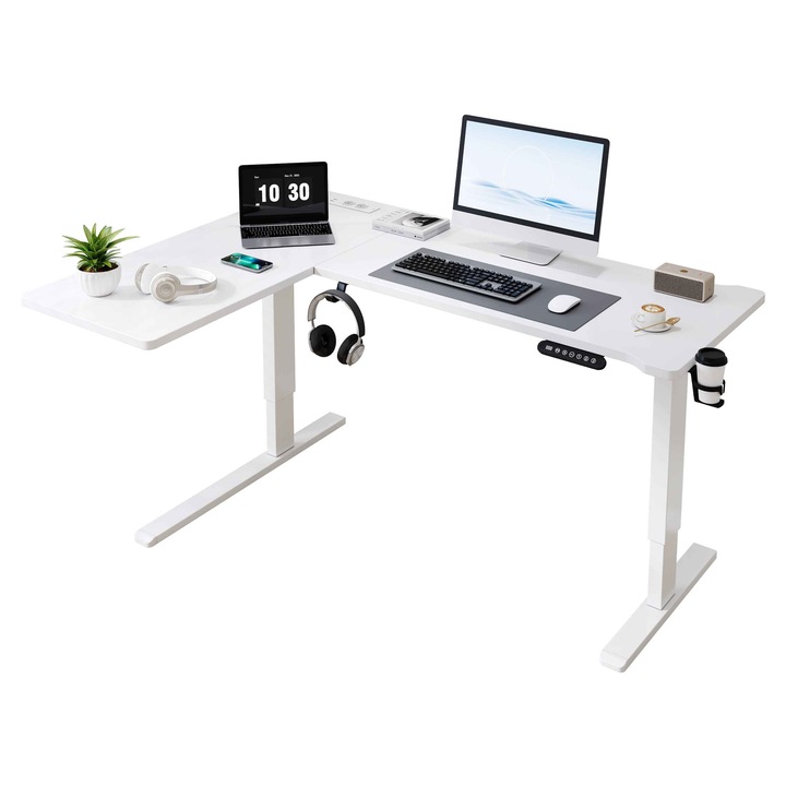 Egy szintű íróasztal állítható lábakkal, Aiorber, állítható magasság 73 és 118 cm között, beépített konnektor és 2 USB port az asztallapon, forgatható pohártartó, ergonomikus kialakítás, fehér
