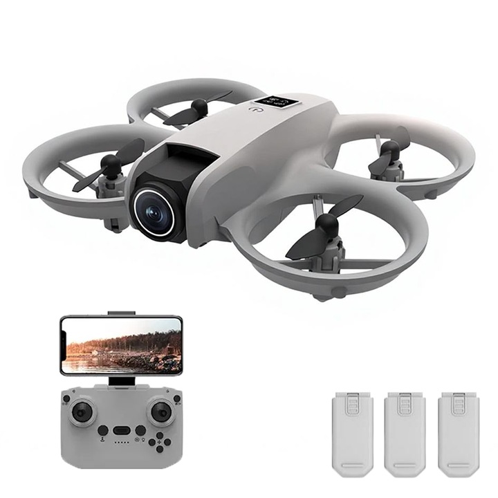 Mini drona cu camera dubla HD, Zimilo, evitarea obstacolelor, Wi-Fi, 360°, Pozitionare si Stabilizare, telecomanda, stabilizare, Telecomanda, 3 baterie