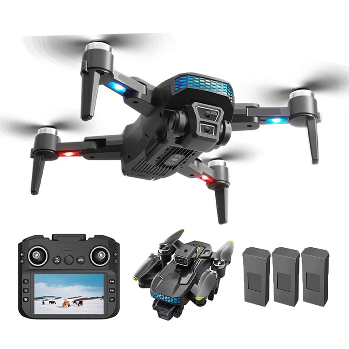 Drona GPS cu camera dubla HD, Zimilo, telecomanda ecran, evitarea obstacolelor, urmarire inteligenta, autonomie mare, pliabila, Nava Satelit, Control prin Telefon si Telecomanda, Jucarie pentru Adolescenti, 3 baterie