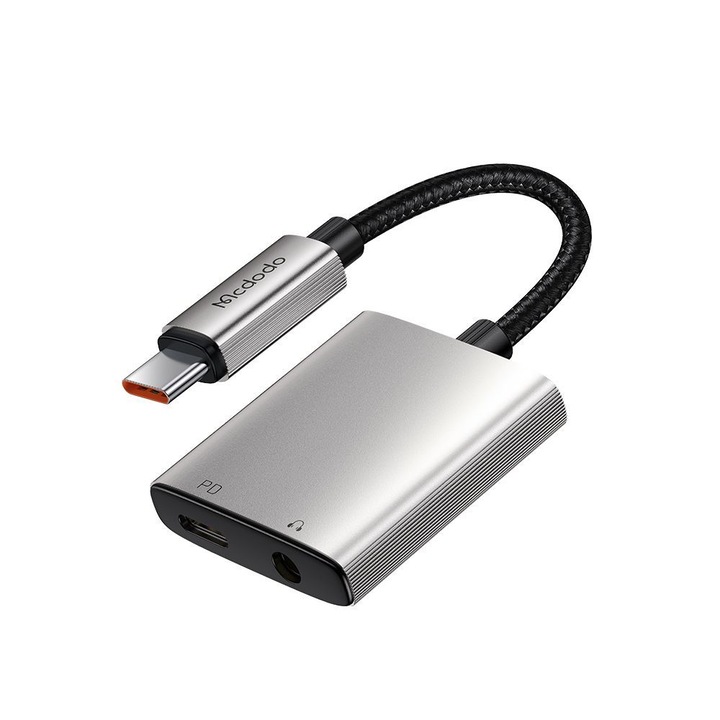 Adaptor audio Mcdodo Wales Series Type-C la Type-C si DC 3.5mm aluminiu gri 12.5cm