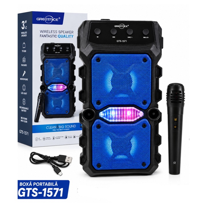 Boxa Portabila Bluetooth GTS-1571 cu Microfon, 2 x 3 Inch, LED RGB, Radio FM, USB, TF Card, Acumulator Reincarcabil